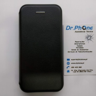 Capa protetora preta para smartphone com cartão de visita da Dr.Phone ao lado