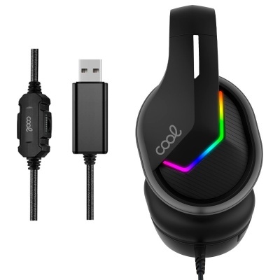 Auricular preto com iluminação LED colorida e cabo USB com controlo
