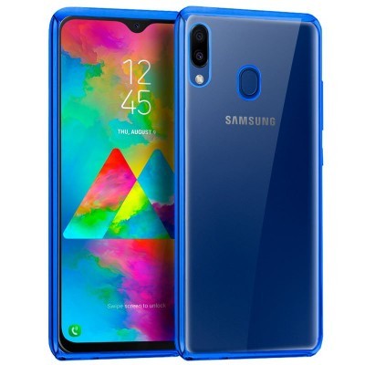 Smartphone Samsung azul com ecrã colorido e câmara dupla