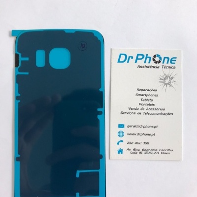 Adesivo protetor azul para celular ao lado direito cartão de visita branco Dr Phone Assistência Técnica