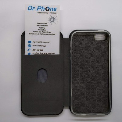 Capa porta-cartões para smartphone cinza escuro com cartão de visita