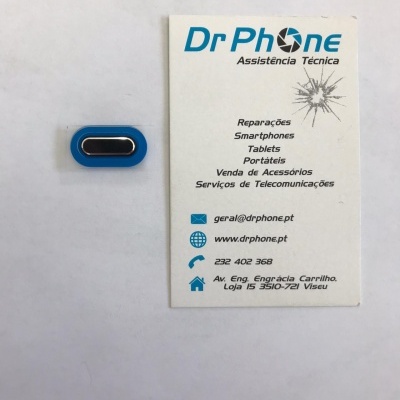Botão azul e cartão de visita da assistência técnica DrPhone