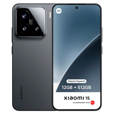 Smartphone Xiaomi 15 cinza escuro com módulo de câmaras Leica e especificações na tela