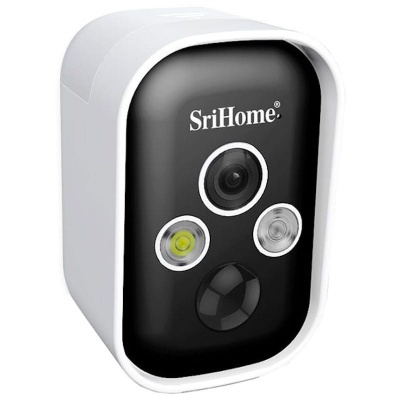 Câmara de segurança preta e branca da marca SriHome com lente central e sensores.