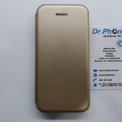 Estojo protetor bege para smartphone e cartão de assistência técnica Dr.Phone