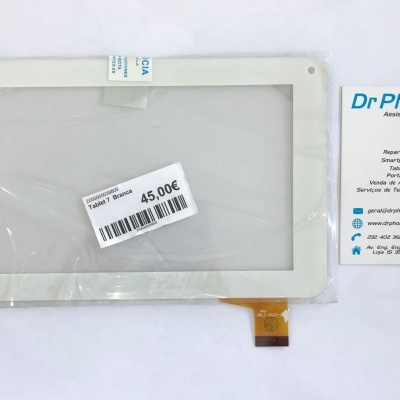 Ecrã tátil branco para tablet com etiqueta de preço e cartão de visita da assistência técnica Dr Phone