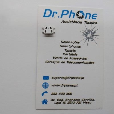 Cartão de visita da Dr.Phone Assistência Técnica com informações de contacto e serviços oferecidos