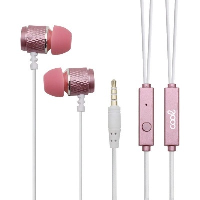 Auriculares intra-auriculares cor-de-rosa com cabo branco e controlo remoto