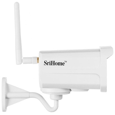 Câmara de segurança branca com antena e suporte