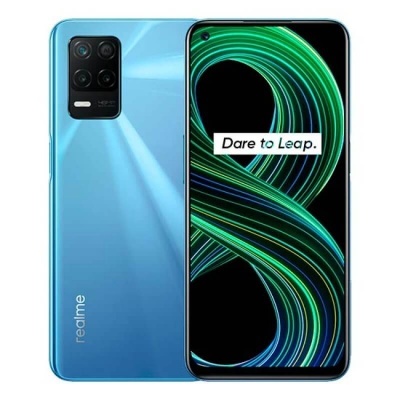 Smartphone Realme azul com câmara quádrupla e ecrã com texto Dare to Leap.