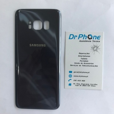 Telemóvel Samsung preto com traseira brilhante e cartão de visita da Dr Phone