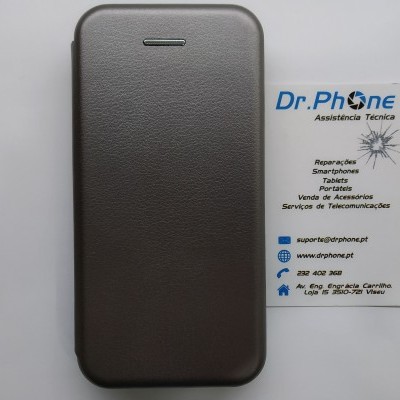 Capa castanha para smartphone ao lado de cartão de visita da Dr.Phone