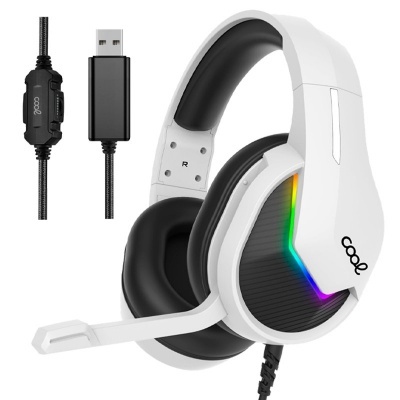Headset gaming branco e preto com microfone e cabo USB trançado com controlo.