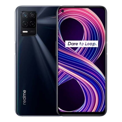 Smartphone Realme preto com ecrã frontal e traseira visíveis