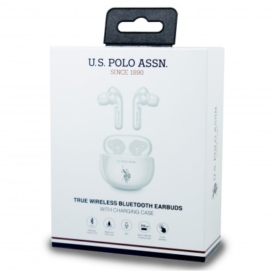 Caixa branca dos auriculares Bluetooth U.S. POLO ASSN. com imagem e texto descritivo