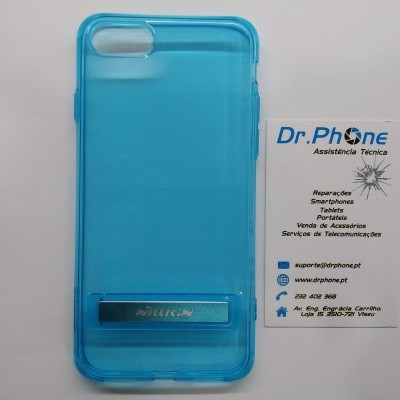 Capa azul para smartphone com barra metálica e cartão de assistência técnica Dr.Phone