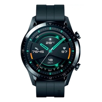 Relógio inteligente preto com mostrador digital colorido e bracelete de silicone