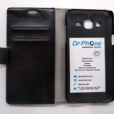 Capa para telemóvel em couro preto com interior cinzento e tarjeta de visita Dr Phone