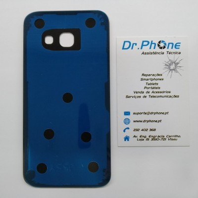 Tampa traseira azul de smartphone ao lado de cartão de visita da Dr.Phone