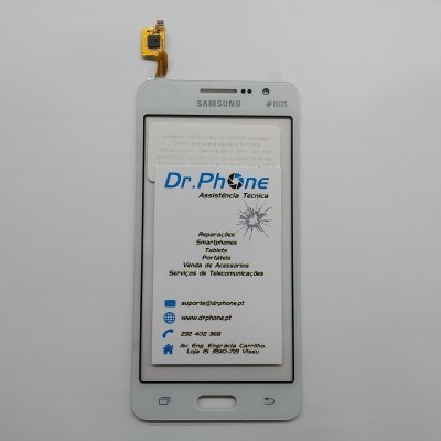Smartphone Samsung branco com cartão de visita da Dr.Phone no ecrã.