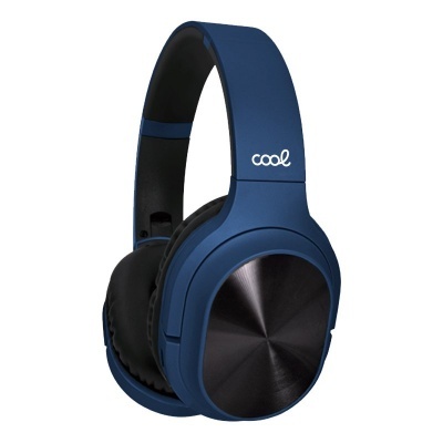 Auriculares over-ear azul escuro com detalhes pretos e texto 'cool'