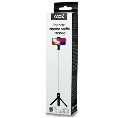 Embalagem de suporte trípode selfie com mando, cores branca e preta, texto e imagem do produto