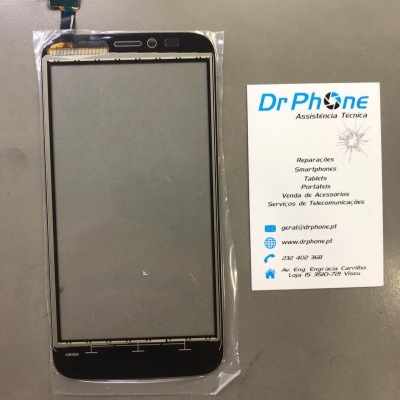 Ecrã táctil preto para smartphone ao lado de cartão de visita da Dr Phone