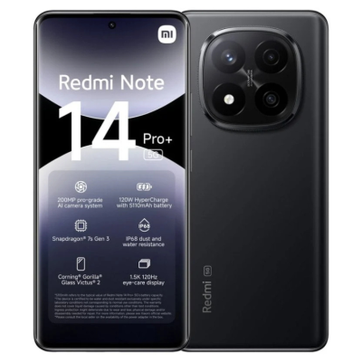 Smartphone Xiaomi Redmi Note 14 Pro+ preto com ecrã e câmara atrás