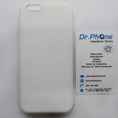 Capa branca para smartphone em couro sintético e cartão de visita da Dr. Phone