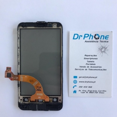 Ecrã digitalizador para smartphone com cabo flex laranja e cartão de visita da Dr Phone