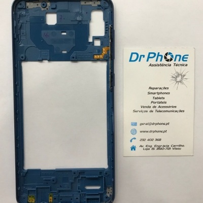 Estrutura interna azul de smartphone com cartão de visita da Dr Phone à direita