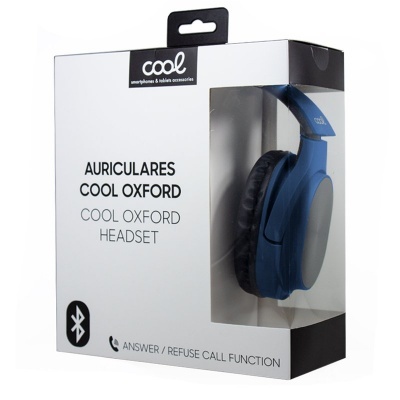 Auriculares Cool Oxford azuis em embalagem branca e preta com janela transparente