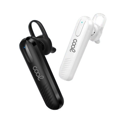 Auriculares Bluetooth preto e branco com suporte auricular e texto 'cool'