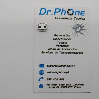 Cartão de visita da empresa Dr.Phone com componente eletrónico e informações de contacto