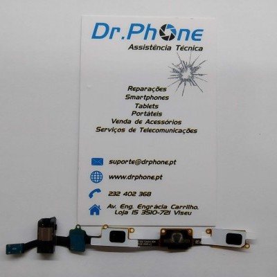 Componente de smartphone branco com botões sobre cartão de visita da Dr.Phone