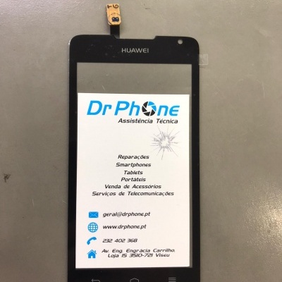 Ecrã frontal preto Huawei com vidro partido e papel de empresa técnica