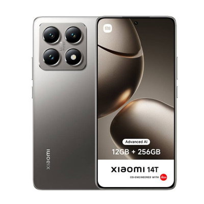 Smartphone Xiaomi 14T cinza com quatro câmaras e ecrã frontal com texto