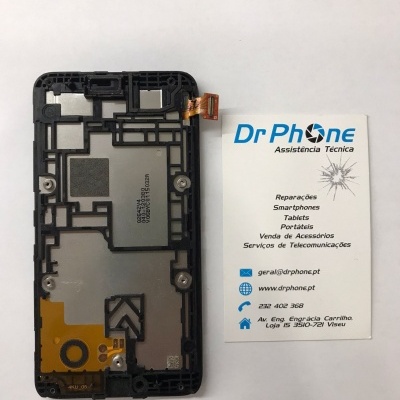 Peça de smartphone preta com componentes visíveis e cartão de visita da Dr Phone