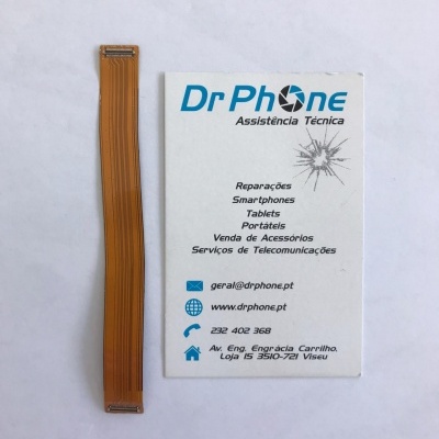 Flat orange-brown ribbon cable next to business card of Dr Phone Assistência Técnica