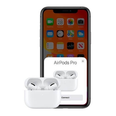AirPods Pro brancos dentro da caixa e smartphone com interface de conexão