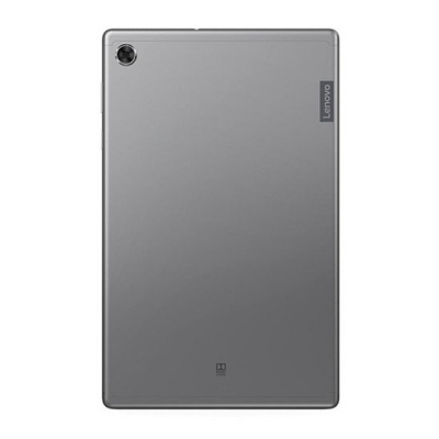 Tablet Lenovo cinzento visto de trás com câmara e logótipos