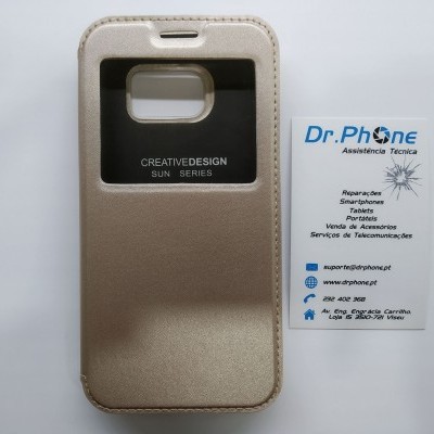 Capa de telemóvel bege com janela preta e cartão de visita Dr.Phone