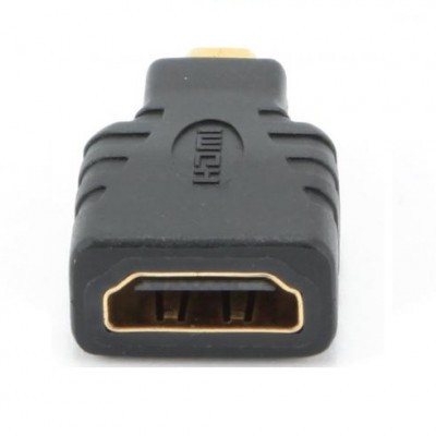Adaptador HDMI preto com detalhes dourados e gravação HDMI