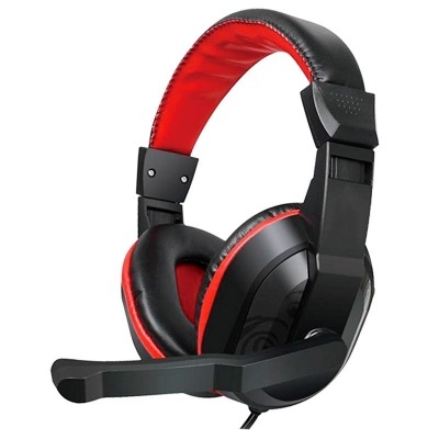 Headset sobre ouvido preto com interior vermelho e microfone articulado