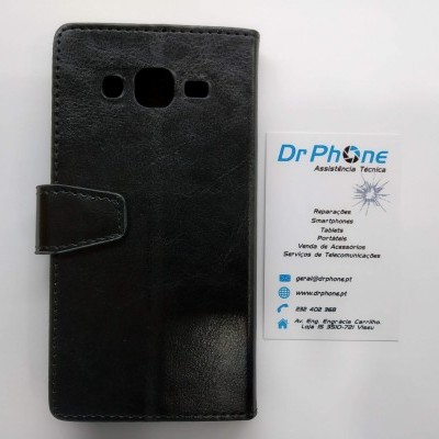 Carteira-capa preta para telemóvel ao lado de cartão de visita da Dr Phone