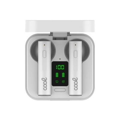 Auriculares wireless brancos com estojo de carregamento e display digital