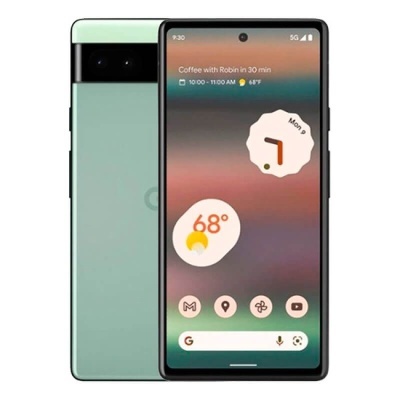 Smartphone verde menta com barra preta e ecrã ligado mostrando eventos e temperatura