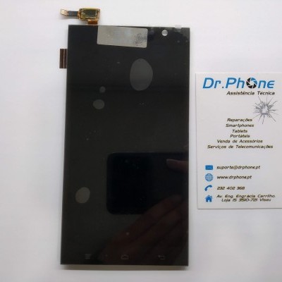 Ecrã LCD preto para smartphone com fita flexível dourada e cartão de assistência técnica Dr. Phone