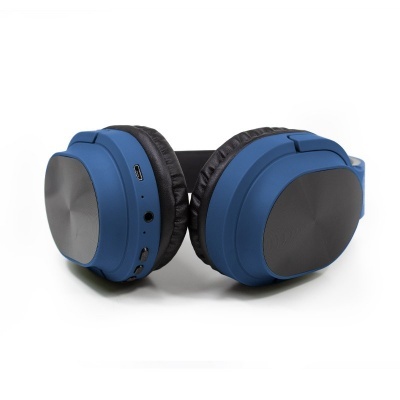 Auscultadores wireless azuis com almofadas pretas e botão de controlo