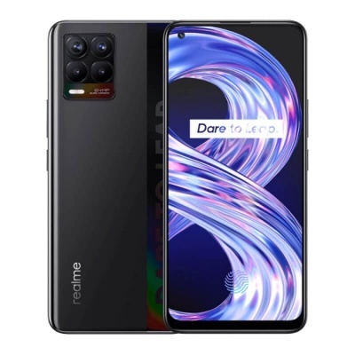 Smartphone Realme preto com quatro câmaras traseiras e ecrã com texto Dare to Leap